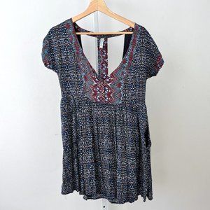 Free People Sundown Babydoll Mini Dress T-Back Tunic Short Sleeve Multi Print XS